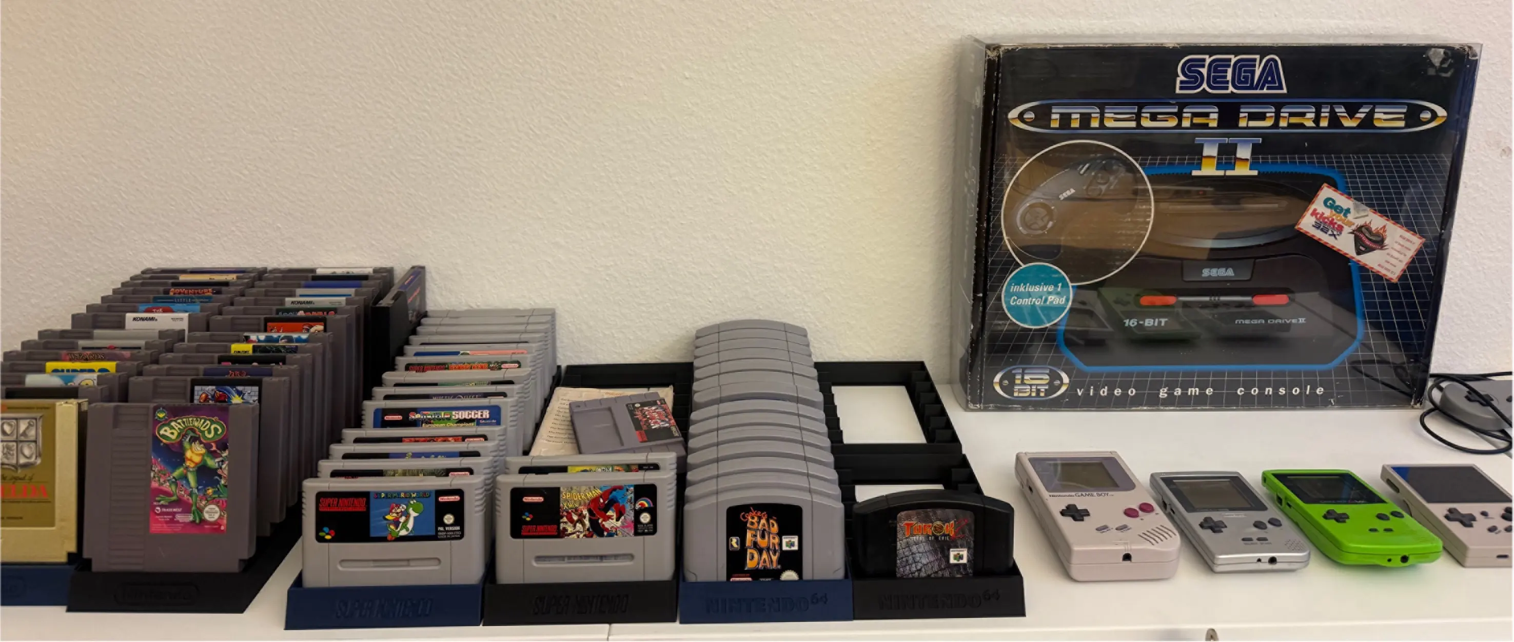 A table full of video game cartridges